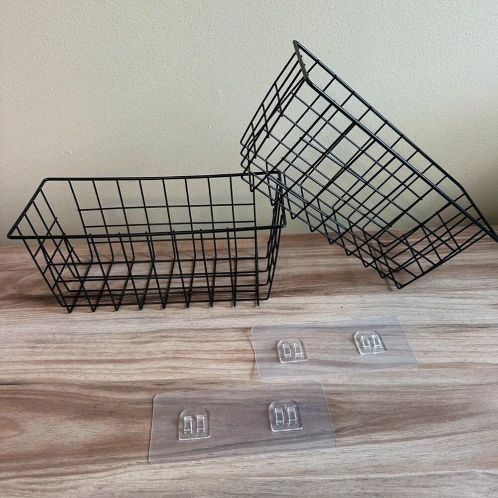 MaraFansie 2 Black Wire Wall Storage Baskets Adhesive Mount Organizer 11x5